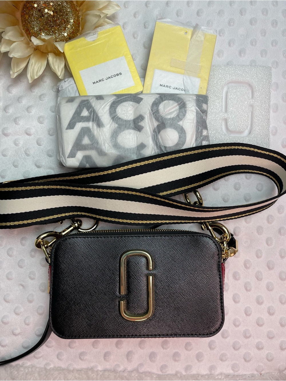 Marc Jacobs Black Saffiano Camera Crossbody with Striped Strap